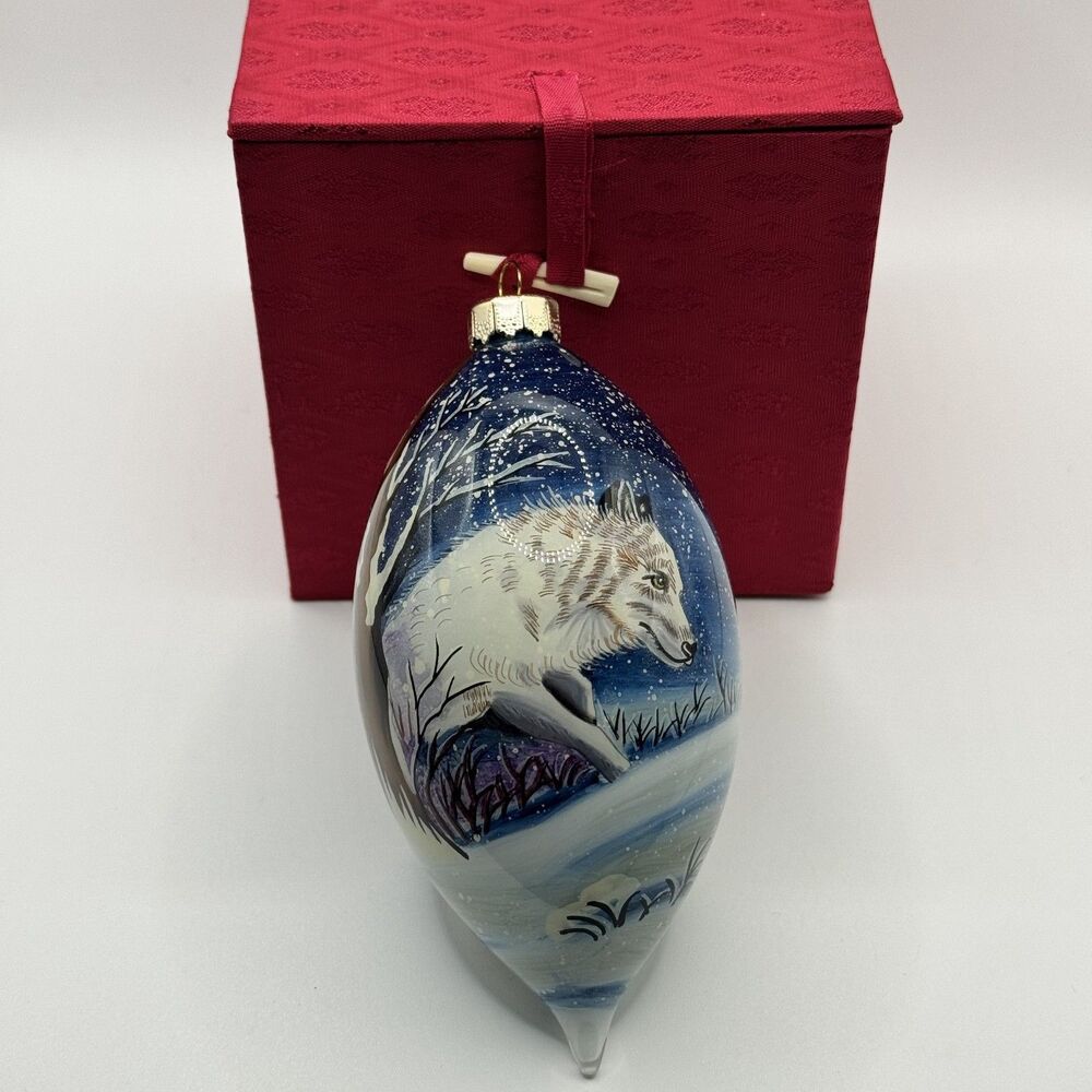 Vintage FIGI Inside Art White Wolf Winter Reverse Painted Glass Ornament Box